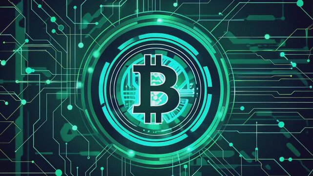 A digital animation of a Bitcoin logo with a glowing blue and green circuit board background. Investment and trading concept