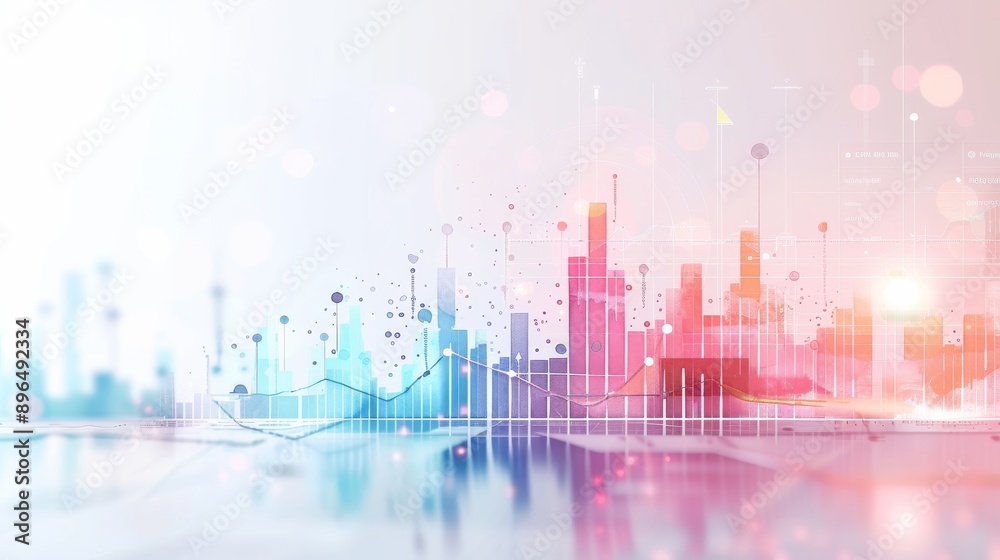 Wall mural a modern digital city skyline with vibrant data visualizations, representing growth and technologica