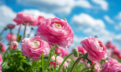 Beautiful summer landscape of a flower meadow with pink ranunculus flowers