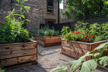Raided beds in a urban garden growing plants