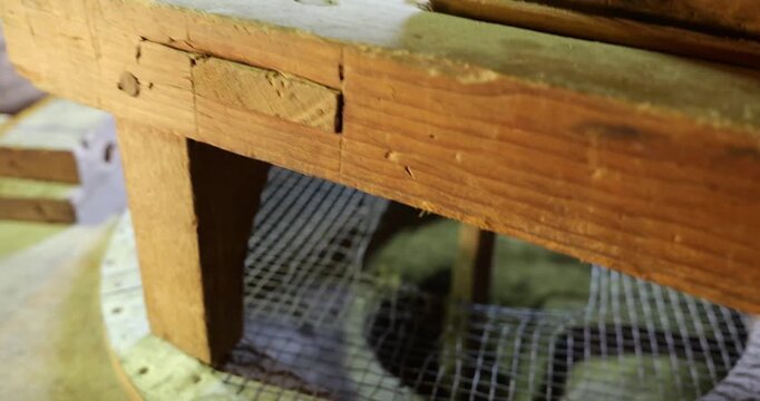 An old and historic, working, water powered grist mill and gears beneath it, as it is grinding grain. 4 short clips.