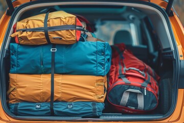 Truck of SUV car loaded with travel luggage