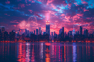 Fototapeta premium A Fireworks Display Above the City Skyline at Midnight: Celebratory Sky