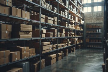 Obraz premium Organized warehouse shelves with cardboard boxes