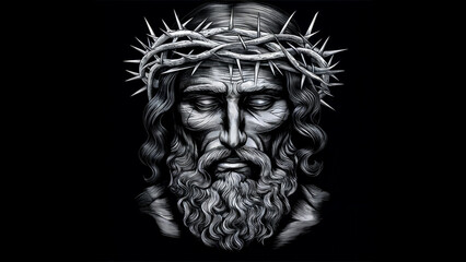 Fototapeta premium A highly detailed and dramatic portrayal of a man with a crown of thorns on his head. The man has long, wavy hair and a full beard.