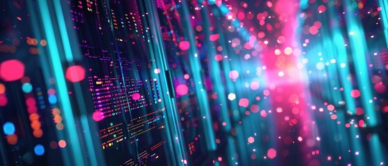 Obraz premium Abstract Server Room with Neon Lights and Glowing Particles