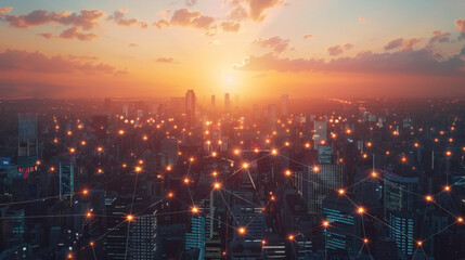Fototapeta premium Futuristic cityscape with network connections, smart lighting and data transfer technology concept
