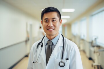 Smiling portrait of a middle aged Asian male doctor in hospital
