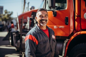 Portrait of a smiling middle aged male truck driver standing in front