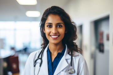 Smiling portrait of a middle aged Indian nurse in hospital