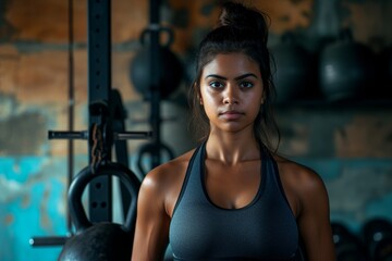 Fototapeta premium Fitness training with kettlebells for grip strength and power performed by an Indian woman The healthy female bodybuilder focuses on intense workouts lifting h