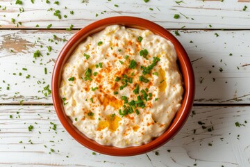 Flat lay view of homemade cheesy dip in a bowl on a white wooden background seen from above