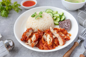 Fried Chicken and rice, rice, chicken, hainanese fried chicken rice, crispy fried chicken ,coriander, cucumber, asian food, thai cuisine, khao man gai tod