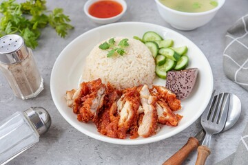 Fried Chicken and rice, rice, chicken, hainanese fried chicken rice, crispy fried chicken ,coriander, cucumber, asian food, thai cuisine, khao man gai tod	