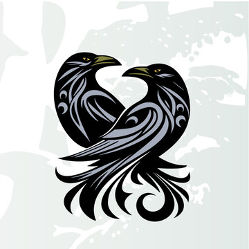  logo design of two ravens, vector graphic, simple, minimalistic, two colors, fantasy, tattoo, raven symbol with tribal patterns around it, two birds in the shape of a heart symbol 