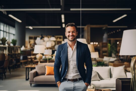 Smiling portrait of a young salesman in furniture store