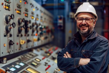 Portrait of a smiling electrical engineer in front of control center