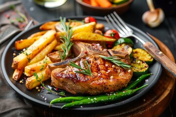 Fototapeta premium Grilled pork chop with fries and veggies