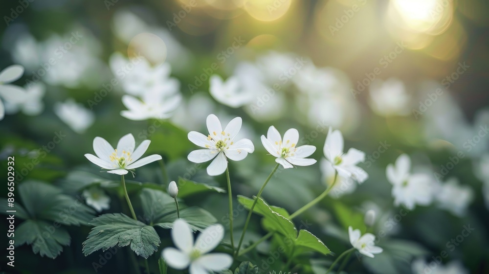 Wall mural Small white flowers with blurred background