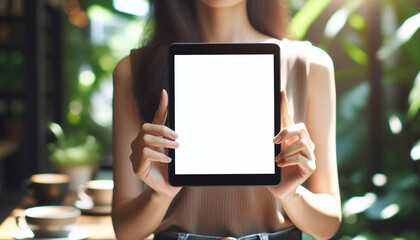 Digital Connection in Nature, holding and looking at a black tablet