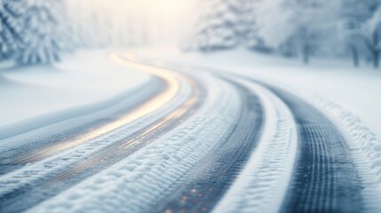 A serene winter road winding through a snow-covered landscape, capturing the beauty and tranquility of a snowy day.