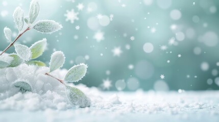 A serene winter scene featuring soft snow, delicate leaves, and a gentle snowfall, creating a tranquil outdoor atmosphere.