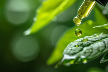 Herbal cosmetics oil drips on leaf from dropper