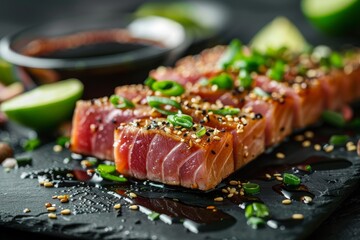 Horizontal presentation of seared ahi tuna sesame seeds soy sauce wasabi and lime macro on the table