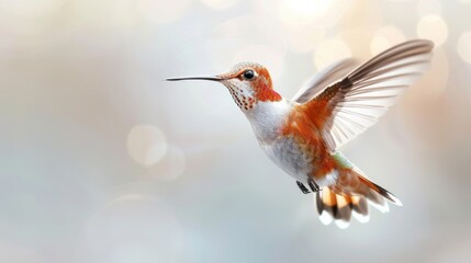 Fototapeta premium A stunning close-up of a hummingbird in flight, showcasing its vibrant feathers and graceful movements against a blurred background.
