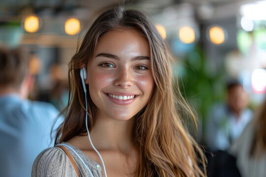 A smiling female customer service representive with earphones is looking at the camera.