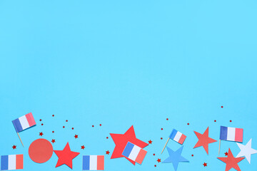 French flags and stars on blue background. Bastille Day celebration