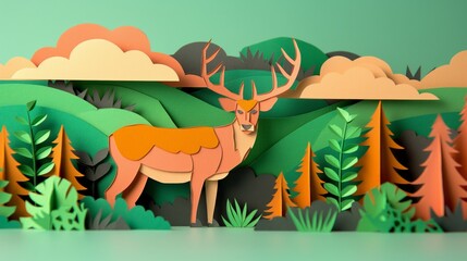 Fototapeta premium Papercraft Deer in a Forest Landscape