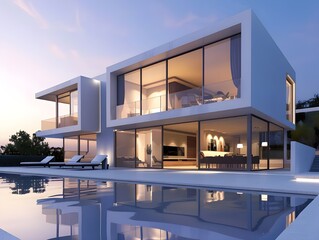 Fototapeta premium Modern house with pool and terrace, white exterior walls, large windows, contemporary architecture design, reflection in the water surface, clear sky at dusk.