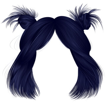 women's kare hairstyle  with two buns 
 hairs black brunette colors .
 women fashion beauty style .