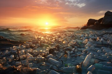 Obraz premium Trash and plastic garbages on the beach. Marine plastic pollution. Ocean pollution and marine debris. World Cleanup Day. Save the ocean. Environmental conservation