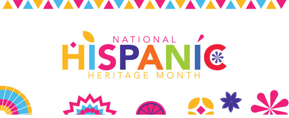 Hispanic heritage month. Vector web banner, poster, card for social media, networks. Greeting with national Hispanic heritage month text, Papel Picado pattern, perforated paper on black background.
