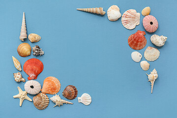 Frame made of different sea shells on blue background