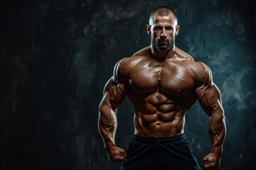 Muscular bodybuilder showcasing on a dark background