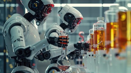 Fototapeta premium AI-driven robots conducting experiments in a cutting-edge laboratory