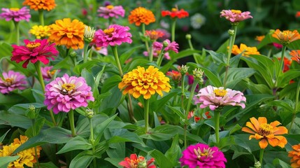 Bright and cheerful zinnias in a summer flower bed