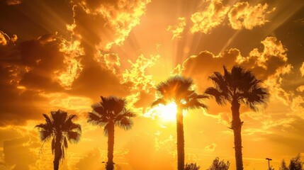 Obraz premium Lonely sugar palm trees silhouetted against dramatic golden sky with sunlit clouds