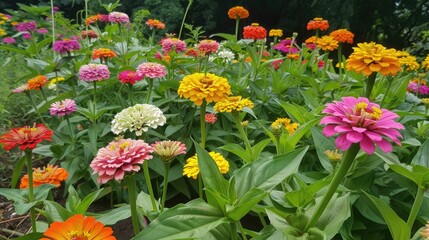 Bright and cheerful zinnias in a summer flower bed