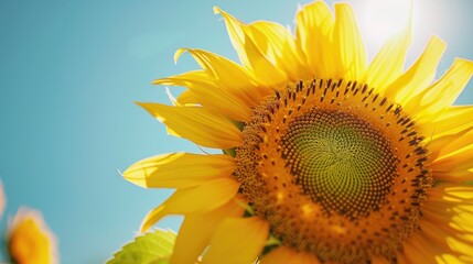 Obraz premium Close-up of a vibrant sunflower in full bloom under a clear blue sky