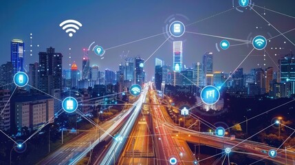 Futuristic cityscape with integrated smart technology and IoT devices