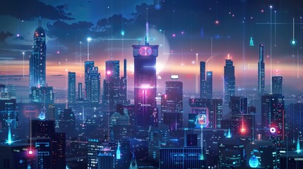 Futuristic cityscape with integrated smart technology and IoT devices