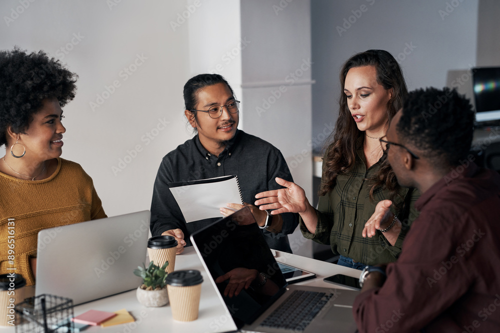 Poster Business people, consulting and meeting with tech in office for programming, mentorship or advice. Company, diversity and developer with laptop for software development, internship or progress report