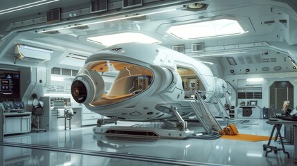 Futuristic space exploration vehicles being designed in a modern lab