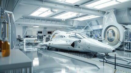 Naklejka premium Futuristic space exploration vehicles being designed in a modern lab
