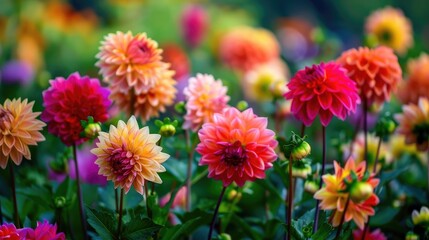 Gorgeous dahlias in a garden, showcasing a spectrum of colors