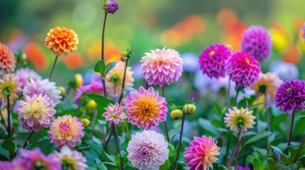 Gorgeous dahlias in a garden, showcasing a spectrum of colors